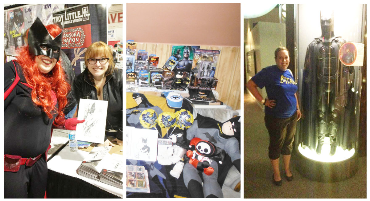 From the left is [her name] home-made costume, her Batman collection and her standing beside a Batman display. (Photos: Submitted)