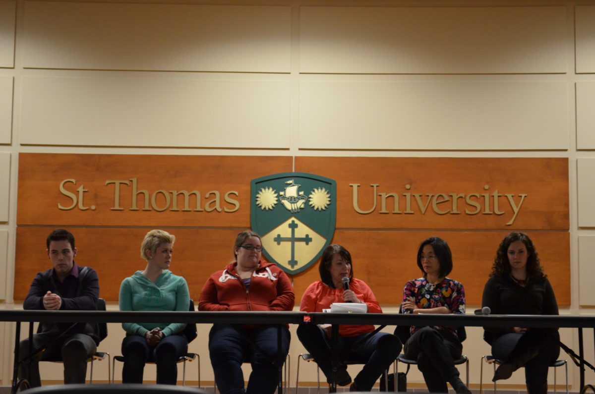 (Left to right): The panelists: Devin Donegani, Renee Comeau, Brianna Matchett, Roxanne Morin, Jan Wong and Diana MacLean (Nathan DeLong/AQ)