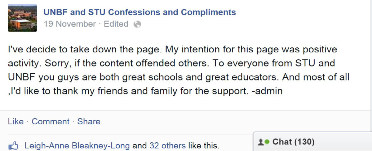 (Screenshot of the UNBF & STU confessions Facebook page)