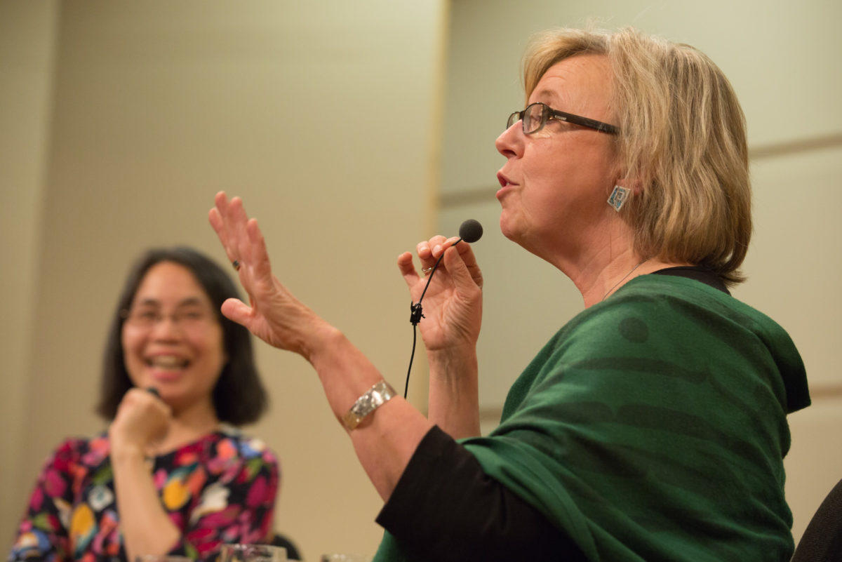 Green Party Leader Elizabeth May spoke to a full audience in the Kinsella Auditorium on Monday. (Keith Minchin)